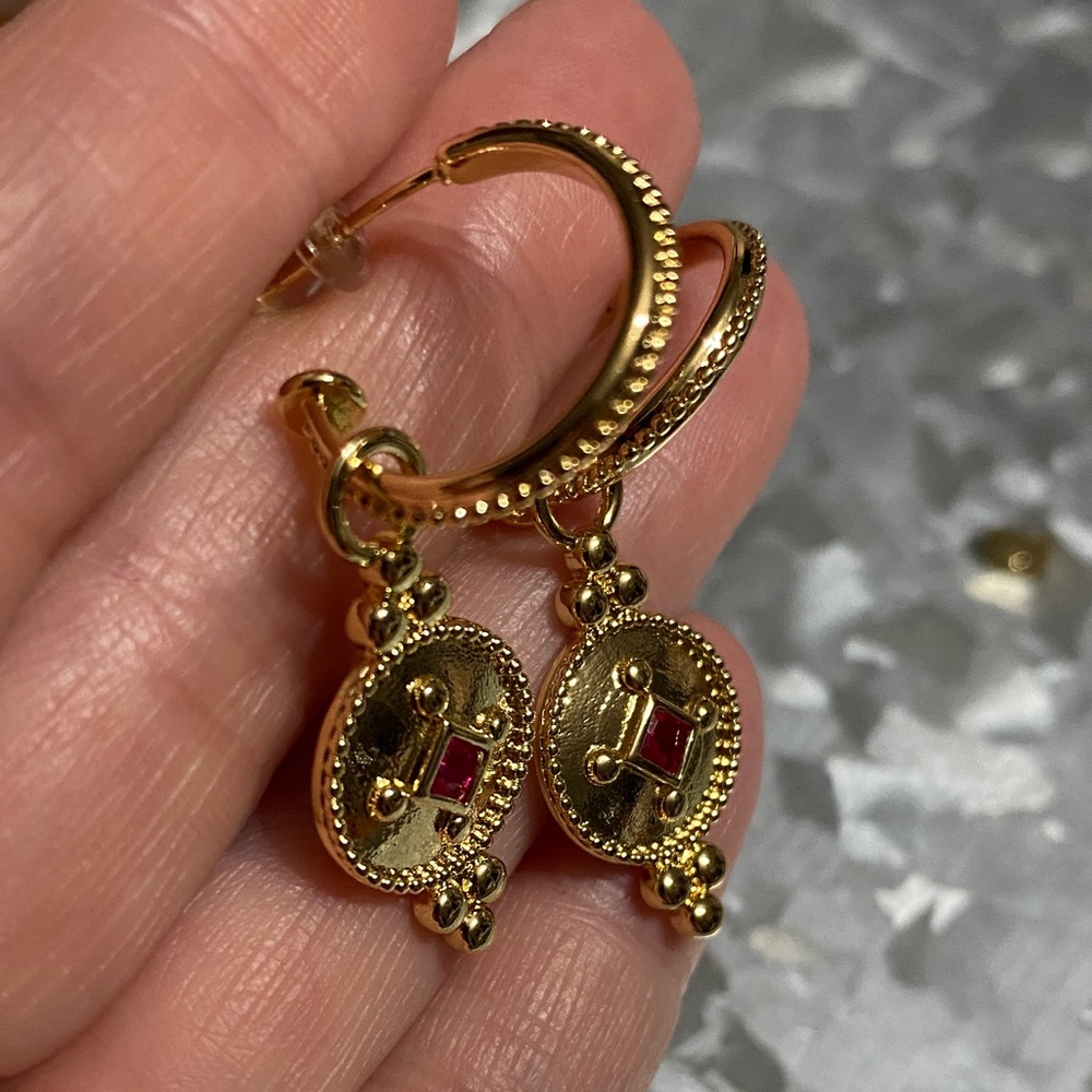 Gold Hoop Drop Earrings With Ruby Rhinestone - image 2